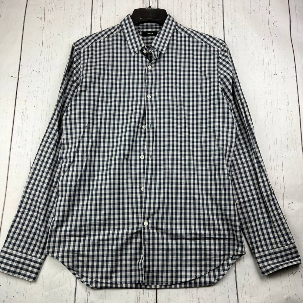 Theory Medium Plaid Long Sleeve Button Down Shirt Blue Men Cotton